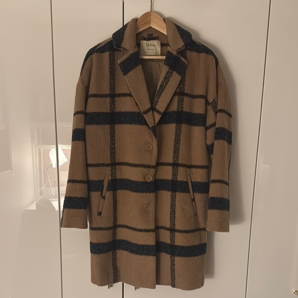 Tan and Blue Trench Coat with Plaid Pattern and Wide Lapel